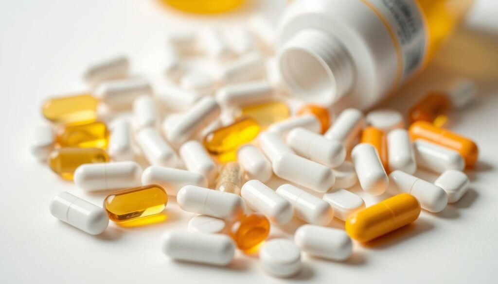 A close-up shot of an assortment of various amino acid supplement capsules and tablets, neatly arranged on a clean, white background. The capsules and tablets are in shades of white, yellow, and orange, suggesting a variety of different amino acid formulations. The lighting is soft and diffused, creating a natural, almost clinical aesthetic. The image is captured with a shallow depth of field, allowing the supplements to be the primary focus, with a blurred background adding a sense of simplicity and clarity. The overall composition is balanced and symmetrical, conveying a sense of order and professionalism.