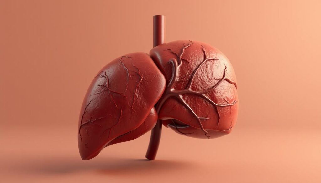 A detailed, anatomically accurate 3D illustration of a human liver, with a warm, natural lighting that highlights its intricate structure and deep, reddish-brown hue. The liver is positioned in the center of the frame, with a clean, minimalist background that allows the organ to take center stage. The perspective is slightly elevated, providing a clear, detailed view of the liver's lobes, blood vessels, and textured surface. The overall mood is one of scientific precision and natural beauty, conveying the liver's vital role in the body's health and function.