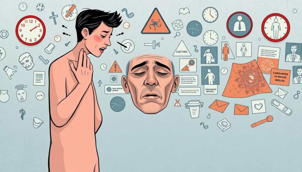 A detailed illustration depicting the potential side effects of a medical treatment. In the foreground, a human figure experiences various physical symptoms such as nausea, dizziness, and rashes, portrayed through expressive body language and facial expressions. The middle ground showcases a collage of medical icons, warning symbols, and diagnostic imagery, hinting at the complex interplay between the treatment and its impacts. The background features a muted, clinical atmosphere with subtle shades of gray and blue, conveying a sense of unease and the need for caution. Dramatic, high-contrast lighting highlights the subject's distress, while a slightly off-center composition adds a sense of unease. The overall scene captures the potential risks and considerations that should be weighed when utilizing a medical treatment, as per the article's section on "Safety, side effects, and who should consult a doctor first".