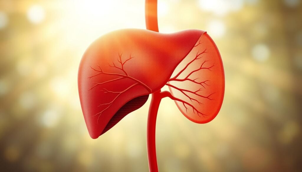 A detailed, photorealistic illustration of a healthy human liver against a backdrop of a serene, sunlit environment. The liver is depicted in warm, earthy tones, with its intricate vascular network and cellular structure clearly visible. The foreground showcases the liver's key functions, such as blood filtration and nutrient processing, while the middle ground features a clean, minimalist design aesthetic. The background displays a soft, diffused natural light, creating a calming and rejuvenating atmosphere. The overall composition conveys the liver's vital role in maintaining overall bodily health and well-being.