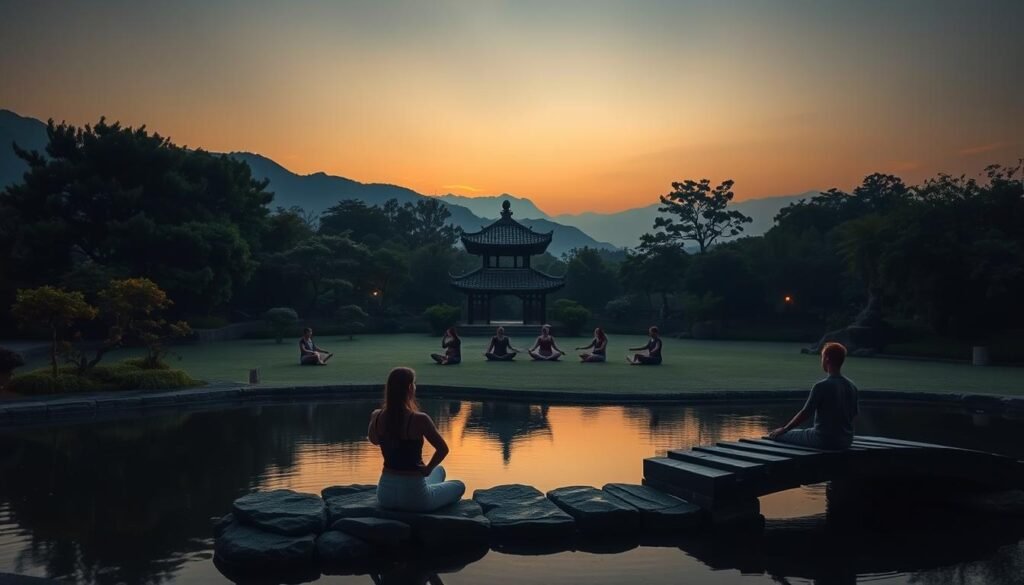 A dimly lit Japanese garden at dusk, with a serene pond and a floating stone bridge in the foreground. Soft, warm lighting illuminates a group of people seated on the ground, practicing a series of gentle, flowing movements in sync, as part of an evening thyroid-restoring ritual. The middle ground features a pagoda-style structure with a tiled roof, surrounded by lush, verdant foliage. In the background, a mountainous landscape with a hazy, atmospheric quality creates a sense of tranquility and isolation. The overall mood is one of deep relaxation, balance, and a connection to the natural world.