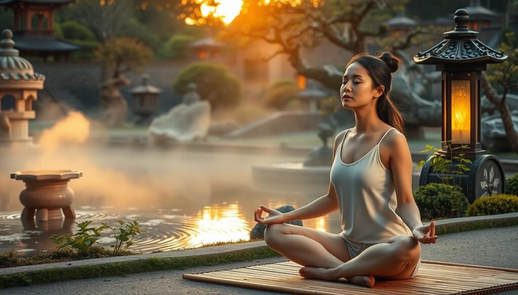 A peaceful Japanese garden at dawn. In the foreground, a serene woman sits cross-legged on a bamboo mat, eyes closed in deep meditation. Mist gently rises from a nearby koi pond, its calming ripples reflecting the golden rays of the rising sun. In the middle ground, an ornate stone lantern casts a warm, soft light, illuminating the delicate leaves of a flourishing matcha plant. In the background, ancient pagodas and gnarled bonsai trees create a sense of timeless tranquility. The overall atmosphere is one of rejuvenation, as the woman's thyroid energy is nourished by the natural beauty and stillness of this sacred morning ritual.