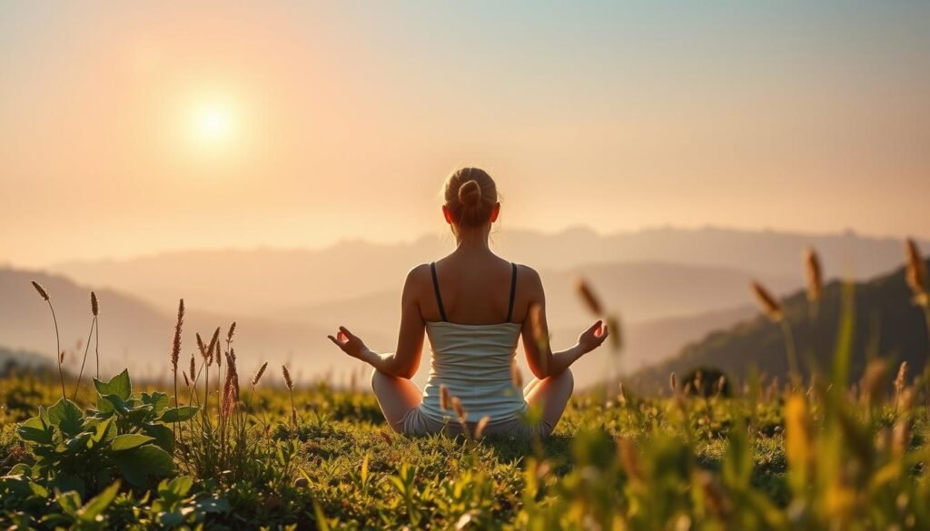 A serene landscape with a person sitting in a meditative pose, bathed in warm, golden light. In the foreground, lush greenery and herbs symbolize the natural healing process. In the middle ground, a glowing thyroid gland hovers, representing the focal point of the journey. In the background, a distant mountain range conveys a sense of journey and growth. Soft, diffused lighting creates a calming, introspective atmosphere, inviting the viewer to reflect on the challenges and triumphs of the thyroid healing process.