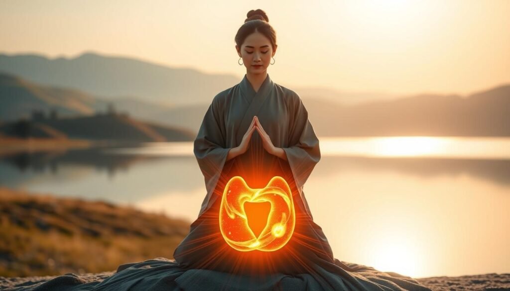 A serene, tranquil scene depicting the rejuvenation and recovery of a healthy thyroid gland. In the foreground, a glowing, vibrant thyroid gland pulsates with renewed energy, surrounded by a warm, golden aura. In the middle ground, a graceful Japanese woman in a flowing robe performs a gentle, meditative ritual, her hands cupped around the thyroid, channeling ancient wisdom and healing. The background is a peaceful, zen-like landscape of rolling hills, a serene lake, and a clear, azure sky, bathed in soft, diffused lighting that creates a sense of harmony and inner balance. The overall mood is one of transformation, restoration, and the reclamation of vital, vibrant health.