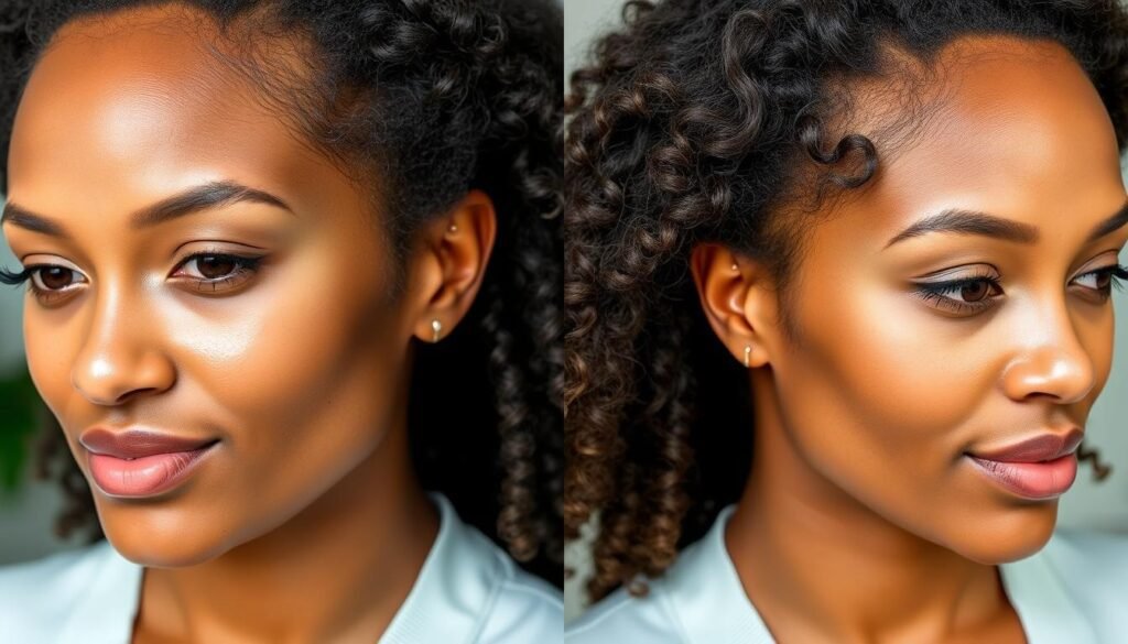 Before and after images showing moringa's effects on skin and hair health