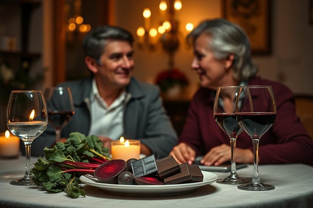 Couple enjoying romantic dinner with nitric oxide rich foods