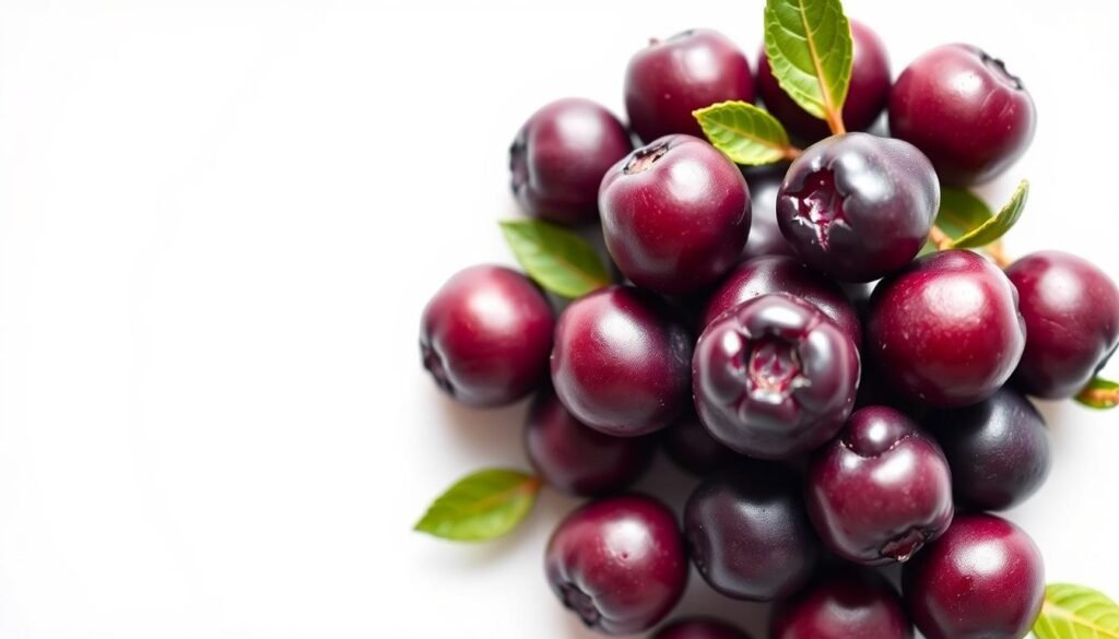 Detailed arrangement of vibrant acai berries against a clean, minimalist background. Crisp natural lighting illuminates the plump, glossy berries from multiple angles, highlighting their rich purple hues and textured skin. The berries are positioned in a visually appealing symmetrical pattern, conveying a sense of balance and order. Slight blurring in the background creates a subtle focus on the key ingredients. The overall mood is one of freshness, purity, and high-quality natural supplements.