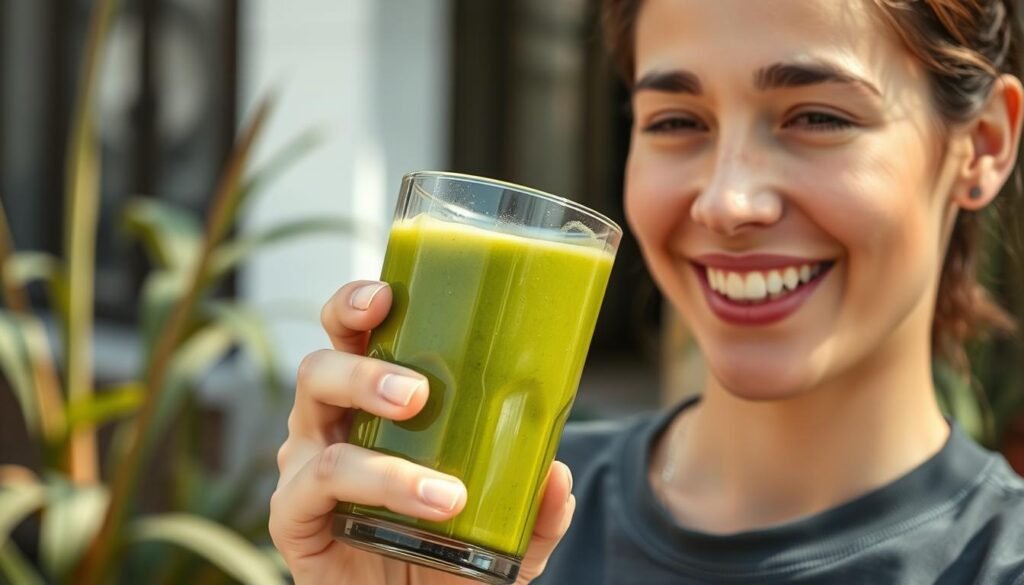 Person enjoying a moringa smoothie as part of a healthy lifestyle