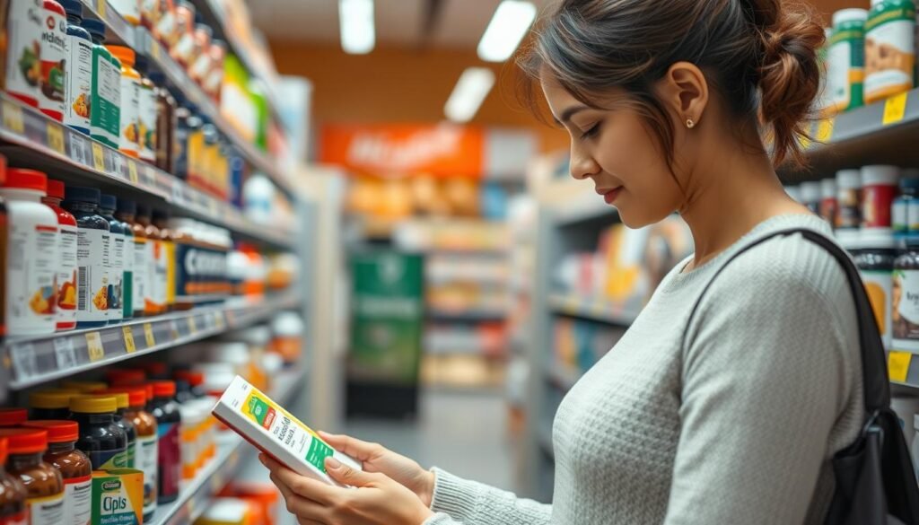 Person selecting quality supplements from a store shelf