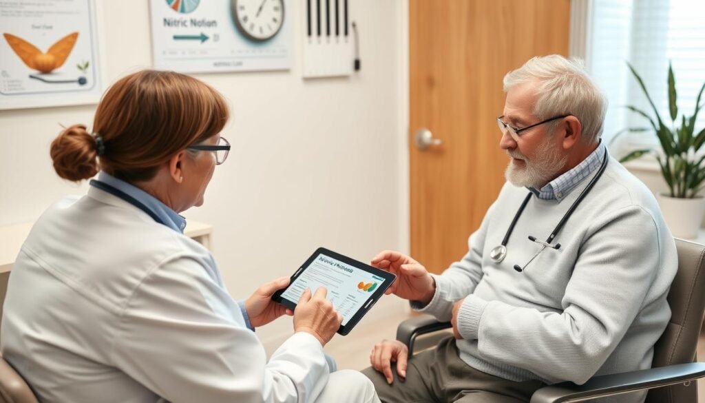 Senior couple discussing nitric oxide supplements with healthcare provider