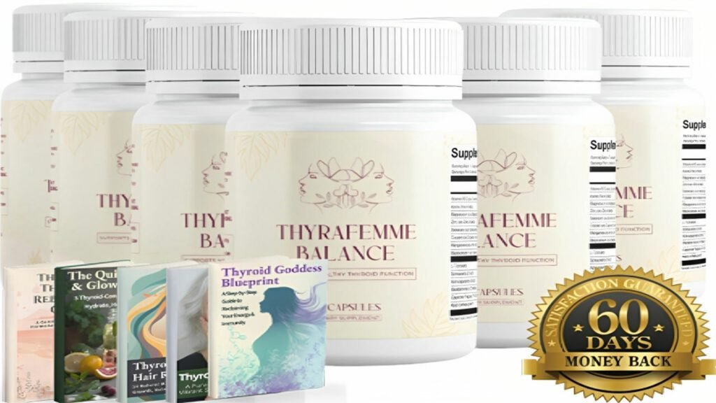 Thyrafemme Balance Supplement" bottle against a plain white backdrop. The supplement bottle is placed on a smooth, glossy surface, illuminated by soft, natural lighting from the side, creating gentle shadows and highlights that accentuate the product's form and design. The bottle's label features a simple, elegant typography and a muted color palette, conveying a sense of balance and wellness. The overall composition is visually striking yet calming, drawing the viewer's attention to the supplement as the focal point.