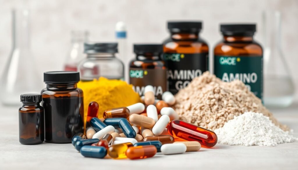 a still life photograph of an assortment of different amino acid supplements, including capsules, tablets, and powders, on a neutral background. The supplements are neatly arranged in the foreground, with a soft, even lighting that emphasizes their textures and colors. The middle ground features a few scientific-looking laboratory equipment, such as beakers and test tubes, to convey the notion of research and development. The background is blurred, creating a sense of depth and focus on the main subject. The overall mood is one of professionalism, quality, and the importance of understanding the role of amino acids in health and wellness.