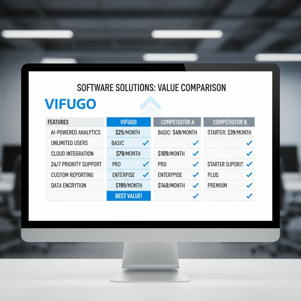 A clean, professional pricing comparison table showing Vifugo's pricing plans versus 2-3 major competitors. The table should clearly show Vifugo offering better value with lower prices for similar or better features. Use a modern, corporate design with clear price points and feature lists.