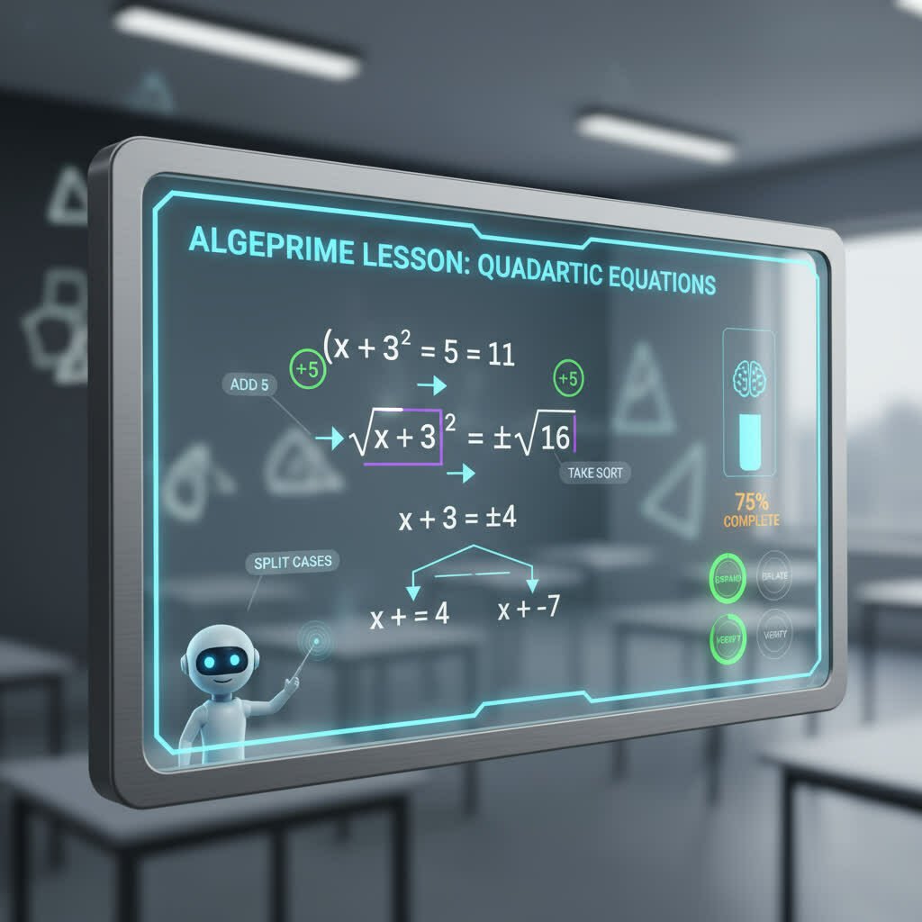 A detailed view of an AlgePrime algebra lesson showing step-by-step problem solving. The screen should display an algebra equation being solved with clear annotations, colorful visual aids, and progress tracking elements visible in the interface. A detailed view of an AlgePrime algebra lesson showing step-by-step problem solving. The screen should display an algebra equation being solved with clear annotations, colorful visual aids, and progress tracking elements visible in the interface.