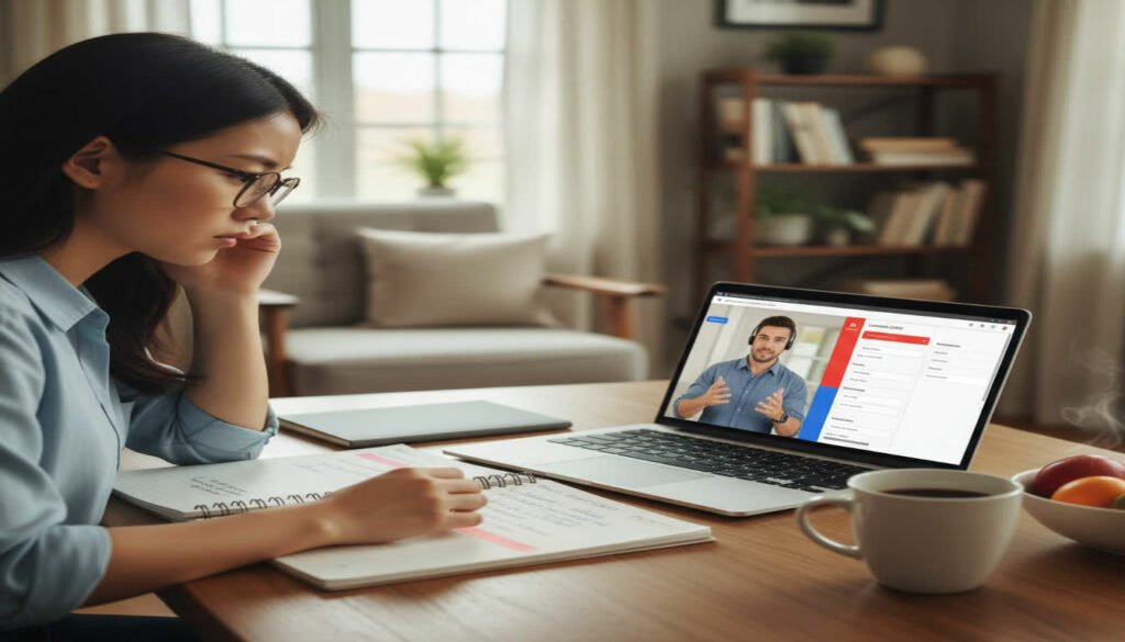 A focused student watching a Google Ads PPC training video on a laptop. The screen should show a professional instructor explaining campaign setup with Google Ads interface visible. The setting should look comfortable with notes and coffee nearby, suggesting dedicated learning.