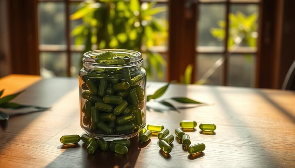 A glass jar filled with organic moringa capsules, placed on a wooden table. The capsules are arranged in neat rows, casting soft shadows on the surface. The scene is illuminated by warm, natural lighting, creating a serene and inviting atmosphere. In the background, a lush, green moringa tree can be seen through a window, symbolizing the natural source of the supplement. The overall composition conveys the purity, health benefits, and versatility of moringa capsules as a daily wellness supplement.