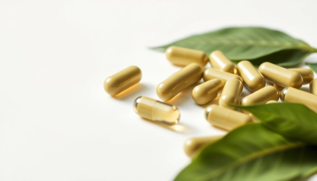 A high-quality close-up photograph of a set of moringa leaf capsules arranged artfully on a plain white background, with natural soft lighting illuminating the capsules from the side. The capsules should be in focus, with a crisp, clean presentation that showcases their shape, color, and texture. The overall mood should be clean, minimalist, and highlighting the natural benefits of the moringa leaf supplements.