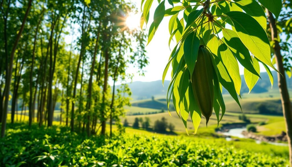 A lush, verdant field of moringa trees, their slender trunks reaching towards a bright, sun-kissed sky. In the foreground, a cluster of moringa leaves, their vibrant green hues and delicate textures inviting the viewer to explore their nutritional properties. Backlit by the warm sunlight, the leaves appear to glow, casting a soft, natural radiance. In the middle ground, a graceful moringa pod hangs from a branch, its elongated shape a testament to the plant's incredible versatility. The background features a rolling, idyllic landscape, with distant hills and a tranquil stream reflecting the serene atmosphere. The overall scene conveys the boundless potential of moringa for weight management, its natural abundance and wholesome goodness evident in every detail.
