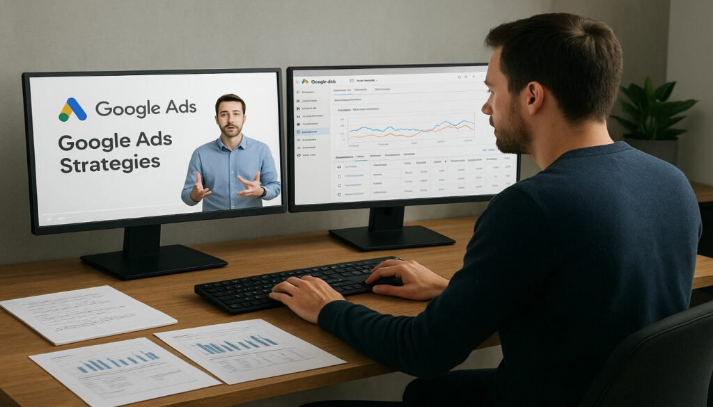 A person implementing Google Ads strategies learned from the training course. Show them working at a desk with multiple screens - one showing the course video and another showing their Google Ads account where they're applying the techniques. The workspace should look professional with notes and planning materials visible.
