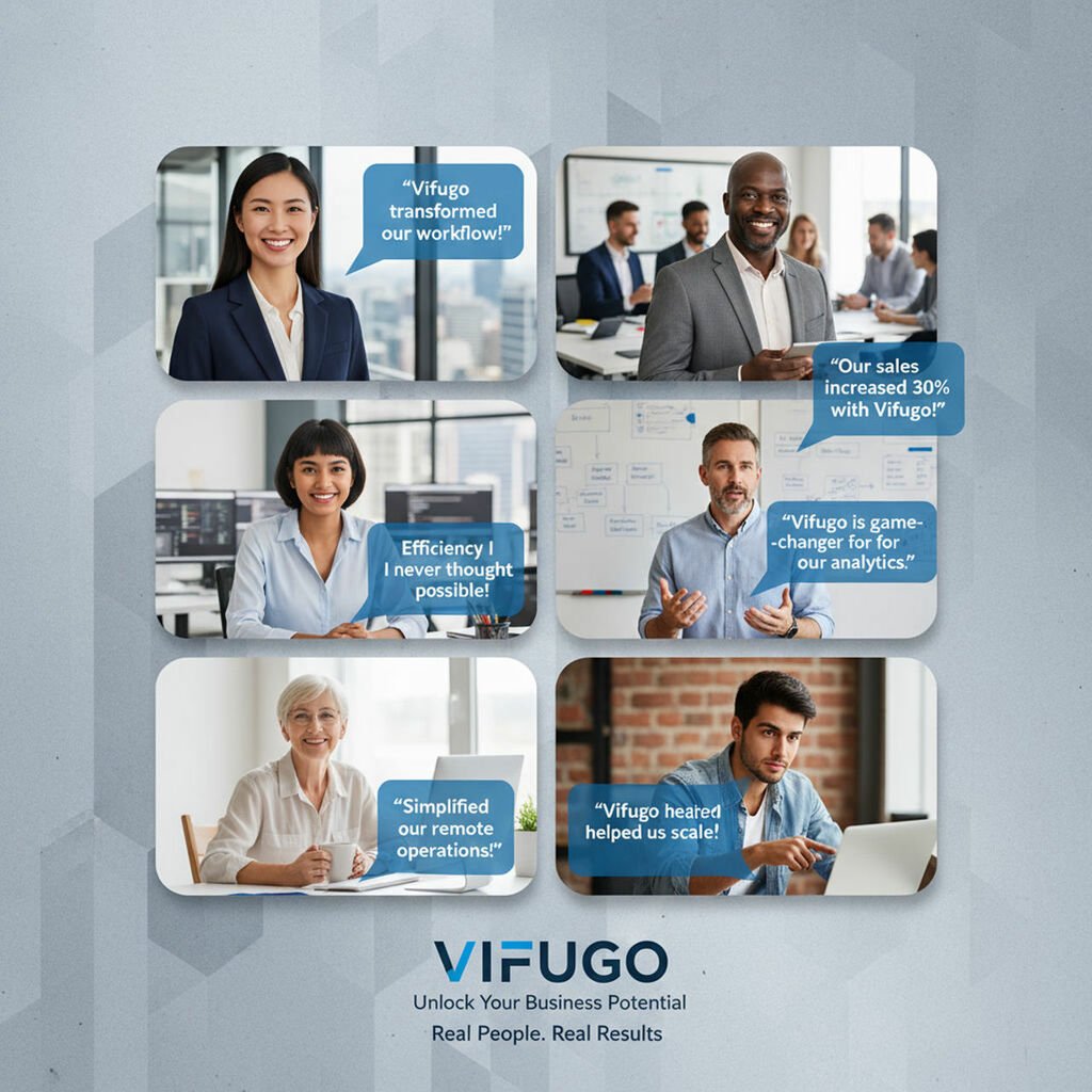 A professional collage of diverse business people giving testimonials about Vifugo. Show 4-6 different individuals of varying ages, genders, and ethnicities in professional settings with speech bubble quotes highlighting their positive experiences with the software. The image should convey authenticity and real business success.