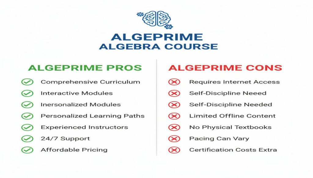 A professional comparison chart showing AlgePrime pros and cons. The image should be split into two columns with green checkmarks for pros and red X marks for cons, clearly listing the main advantages and disadvantages of the AlgePrime algebra course in a visually organized format. A professional comparison chart showing AlgePrime pros and cons. The image should be split into two columns with green checkmarks for pros and red X marks for cons, clearly listing the main advantages and disadvantages of the AlgePrime algebra course in a visually organized format.