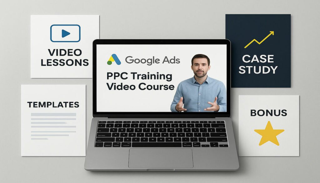 A professional product showcase of the Google Ads PPC Training Video Course complete package. Show a laptop with the course homepage, surrounded by visual representations of the included resources - video lessons, templates, case studies, and bonus materials. The arrangement should look premium and comprehensive.
