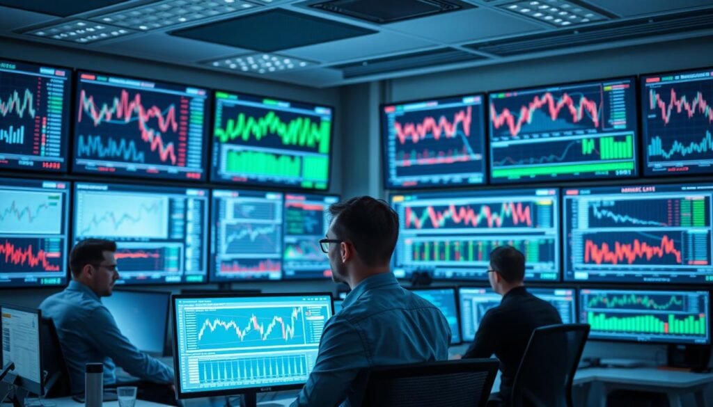 A professional setting showing financial analysts in a modern office environment analyzing data on multiple screens displaying quantum algorithm outputs, trading patterns, and portfolio optimizations. The screens should show complex financial visualizations with quantum computing elements integrated. A professional setting showing financial analysts in a modern office environment analyzing data on multiple screens displaying quantum algorithm outputs, trading patterns, and portfolio optimizations. The screens should show complex financial visualizations with quantum computing elements integrated.