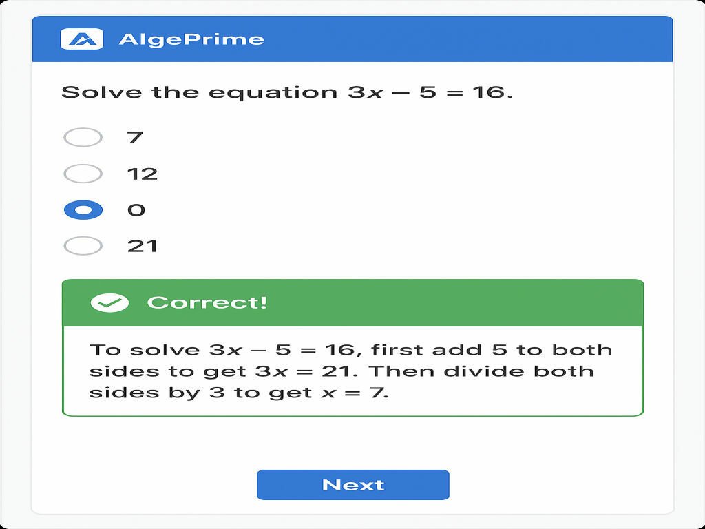 A screenshot of an AlgePrime interactive quiz interface showing a student solving an algebra problem with immediate feedback. The screen should display an algebra problem, multiple-choice options, and visual feedback indicating correct incorrect answers with explanations. A screenshot of an AlgePrime interactive quiz interface showing a student solving an algebra problem with immediate feedback. The screen should display an algebra problem, multiple-choice options, and visual feedback indicating correct incorrect answers with explanations.