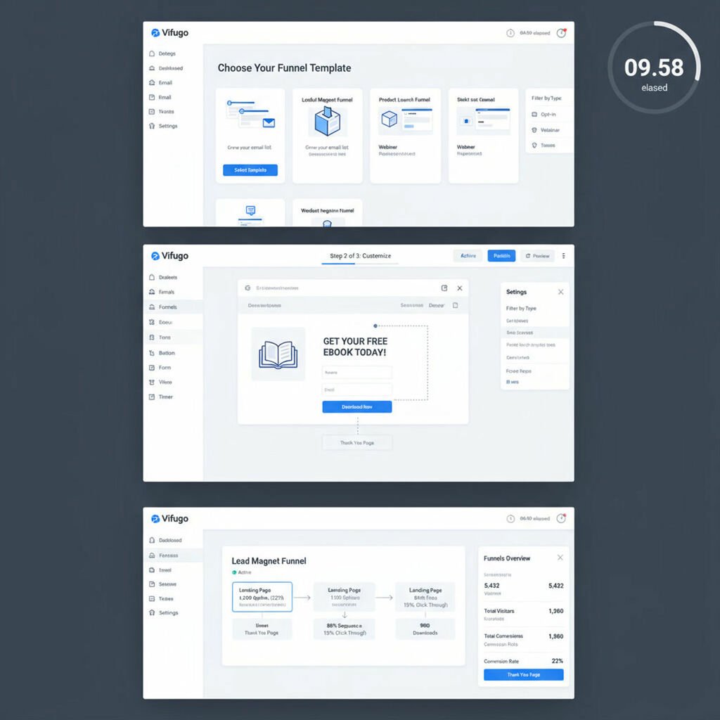 A sequence of three screenshots showing the Vifugo funnel creation process 1) Starting with template selection, 2) Middle stage showing customization of elements, 3) Final completed funnel with a timer showing under 10 minutes elapsed. The interface should look modern, clean, and extremely user-friendly.