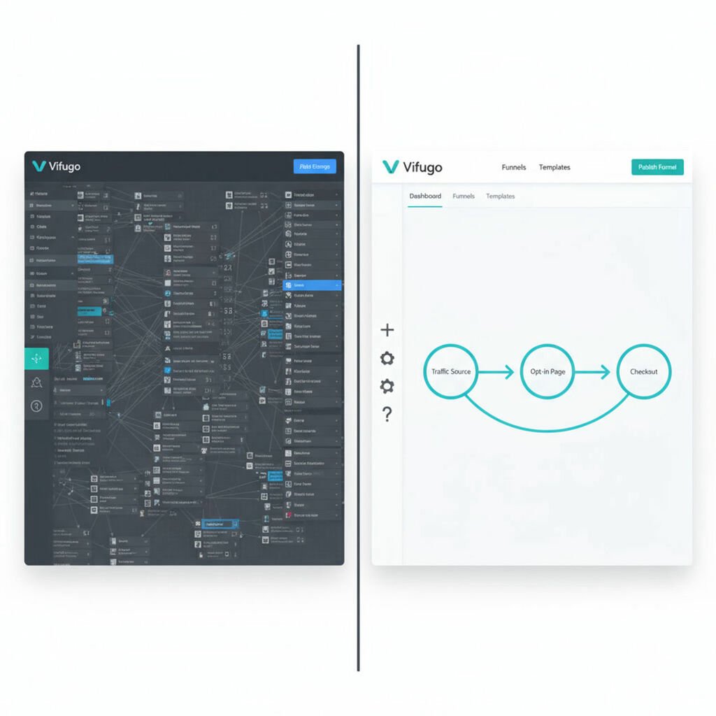 A split-screen comparison showing a complex, overwhelming traditional sales funnel builder interface on the left with numerous menus, settings, and technical options, versus Vifugo's clean, simplified interface on the right with intuitive drag-and-drop elements and clear navigation. The contrast should highlight the difference in complexity and user-friendliness.
