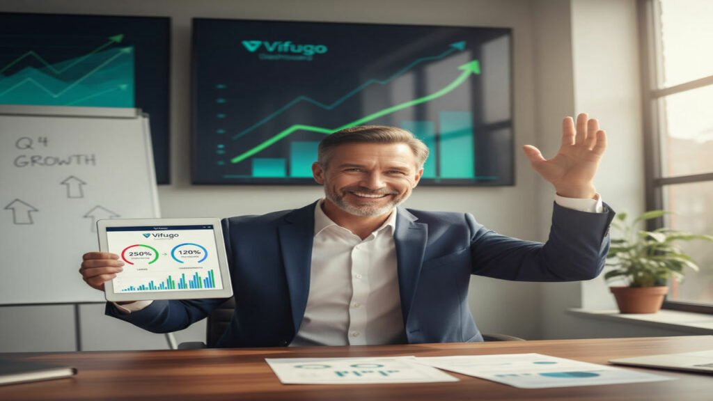 A triumphant business owner celebrating success with visible metrics showing increased leads and conversions on a laptop or tablet displaying the Vifugo dashboard. The person should look genuinely happy and relieved, in a professional office environment with subtle indicators of business growth like charts or graphs in the background.