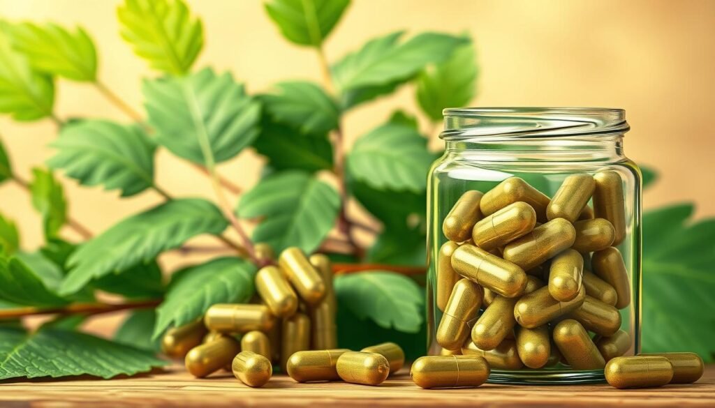 A vibrant and detailed illustration of moringa leaves and capsules, showcasing the immune-boosting properties of this superfood. In the foreground, a glass jar filled with moringa leaf powder capsules, their surfaces subtly reflecting the light. Behind it, a cluster of fresh moringa leaves, their delicate green hues and intricate veining rendered with meticulous precision. In the background, a soft, warm-toned backdrop evokes a sense of natural wellness and vitality. Crisp, high-resolution details, and a balanced composition that highlights the key elements of moringa's immune-supportive benefits.