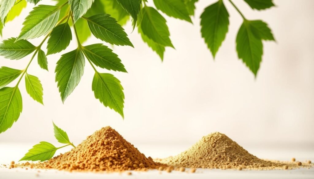 A vibrant, high-resolution image of moringa leaves and powder against a clean, minimalist background. The leaves should appear fresh, lush, and verdant, showcasing the plant's natural antioxidant properties. The moringa powder should be finely ground, with a rich, earthy tone. Soft, diffused lighting from the top left illuminates the scene, casting gentle shadows and highlights to emphasize the textures and details. The composition should be balanced and visually appealing, with the moringa elements occupying the central focus. Subtle depth of field blur in the background maintains the clean, uncluttered aesthetic. The overall mood should be natural, wholesome, and evocative of the health benefits associated with moringa.