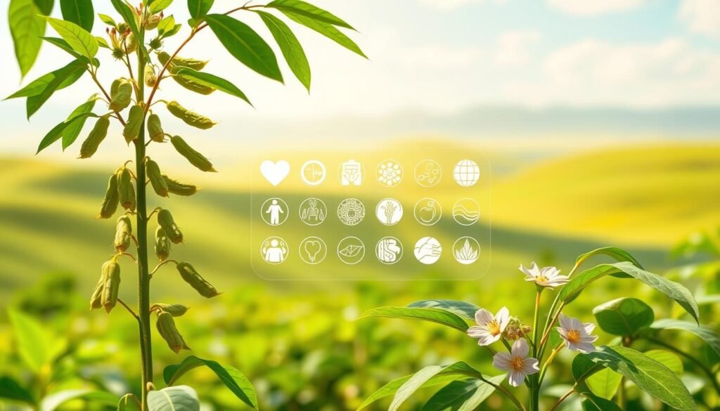 A vibrant illustration showcasing the diverse health benefits of the moringa plant. In the foreground, a cluster of moringa leaves, pods, and flowers, captured in vivid detail under natural lighting. In the middle ground, a collage of icons representing various health conditions, such as cardiovascular health, immune support, and digestive well-being. The background features a soft, blurred landscape with gentle rolling hills, conveying a sense of tranquility and the plant's connection to the natural world. The overall composition is clean, balanced, and evocative, inviting the viewer to explore the remarkable properties of this superfood.