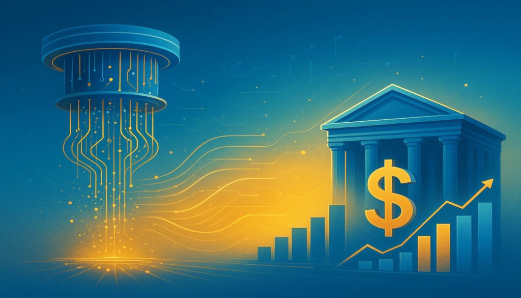 A visionary image showing the integration of quantum computing and finance, representing the future of financial services. Include visual elements of quantum computers, financial institutions, and data flows between them, with a bright, optimistic aesthetic suggesting innovation and progress. Use blue and gold colors to represent technology and finance coming together. A visionary image showing the integration of quantum computing and finance, representing the future of financial services. Include visual elements of quantum computers, financial institutions, and data flows between them, with a bright, optimistic aesthetic suggesting innovation and progress. Use blue and gold colors to represent technology and finance coming together.
