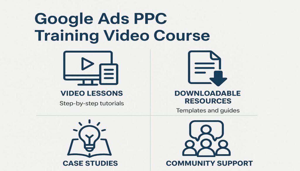 A visual representation of the Google Ads PPC Training Video Course features showing video lessons, downloadable resources, case studies, and community support. Design as a professional infographic with icons representing each feature and brief descriptions.