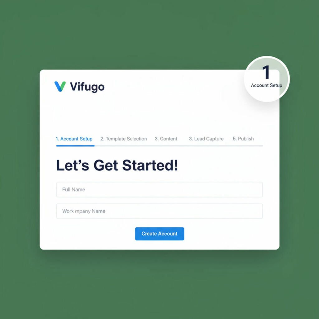 A visual step-by-step guide showing 5 screenshots of the Vifugo interface during the funnel creation process. Each screenshot should show a different stage 1) Account setup, 2) Template selection, 3) Content customization, 4) Lead capture setup, 5) Publishing. Include small numbered indicators and brief text descriptions for each step.