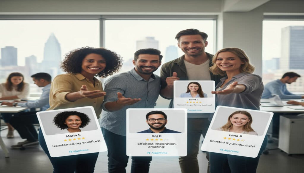 An image showing diverse, satisfied AlgePrime users sharing their positive experiences. The image should display 3-4 professional-looking testimonial cards with user photos, star ratings, and short quote previews in a visually appealing layout. An image showing diverse, satisfied AlgePrime users sharing their positive experiences. The image should display 3-4 professional-looking testimonial cards with user photos, star ratings, and short quote previews in a visually appealing layout.