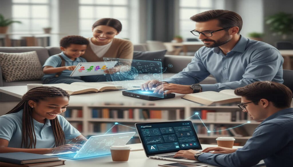 An image showing diverse users benefiting from AlgePrime - including a high school student, a college student, a professional adult, and a parent helping a child with homework. The image should show people of different ages and backgrounds engaged with algebra learning on various devices. An image showing diverse users benefiting from AlgePrime - including a high school student, a college student, a professional adult, and a parent helping a child with homework. The image should show people of different ages and backgrounds engaged with algebra learning on various devices.