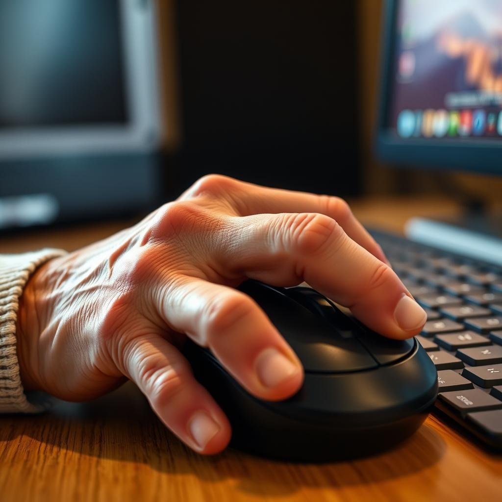 Close-up of senior hands using a computer mouse, representing computer literacy for seniors Close-up of senior hands using a computer mouse, representing computer literacy for seniors