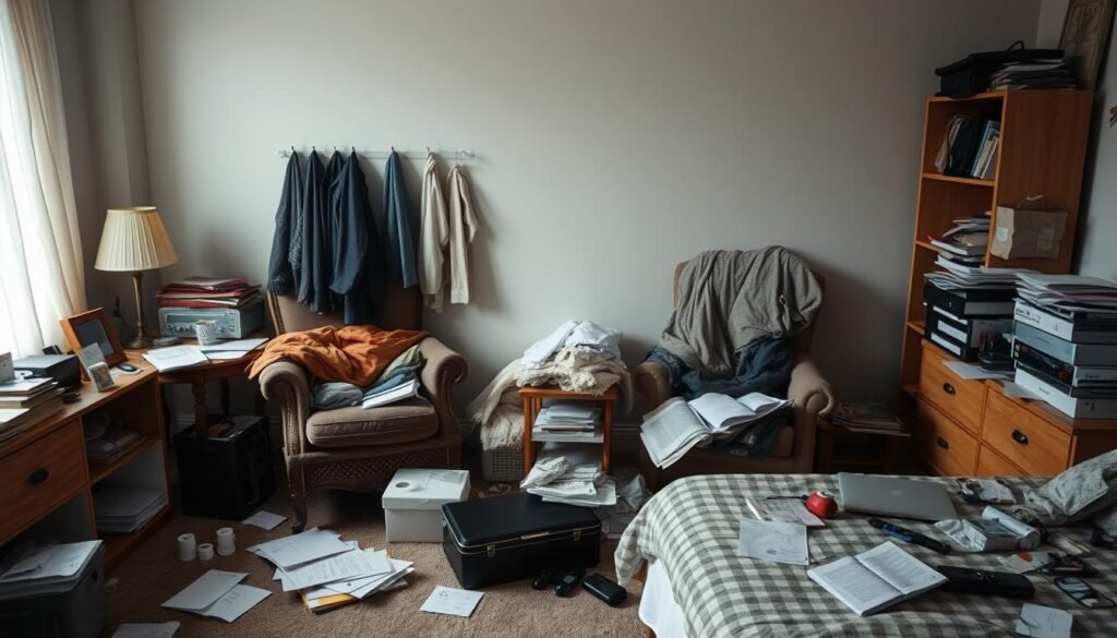 Cluttered bedroom creating stress and disrupting sleep, a significant hidden sleep destroyer in your bedroom Cluttered bedroom creating stress and disrupting sleep, a significant hidden sleep destroyer in your bedroom