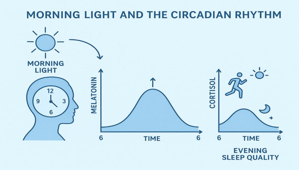Morning Routine for Better Sleep Tonight Create a scientific diagram showing how morning light exposure affects the human circadian rhythm and sleep cycles. Include visual representation of melatonin production, cortisol levels throughout the day, and the relationship between morning activities and evening sleep quality. Use a clean, medical illustration style with labels and a blue color scheme.