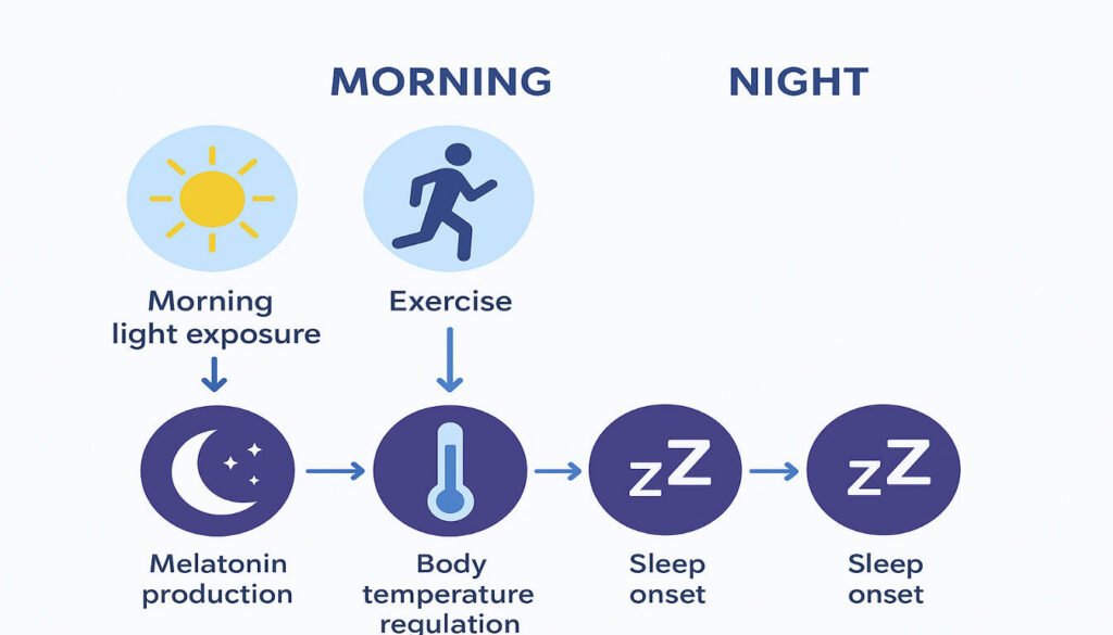 Create an infographic showing the direct connections between morning activities and nighttime sleep quality. Include a timeline from morning to night with arrows showing how morning light exposure, exercise, and routine affect melatonin production, body temperature regulation, and sleep onset at night. Use a clean, educational design with sleep-related icons and a blue/purple color scheme representing the sleep cycle. Create an infographic showing the direct connections between morning activities and nighttime sleep quality. Include a timeline from morning to night with arrows showing how morning light exposure, exercise, and routine affect melatonin production, body temperature regulation, and sleep onset at night. Use a clean, educational design with sleep-related icons and a blue/purple color scheme representing the sleep cycle.