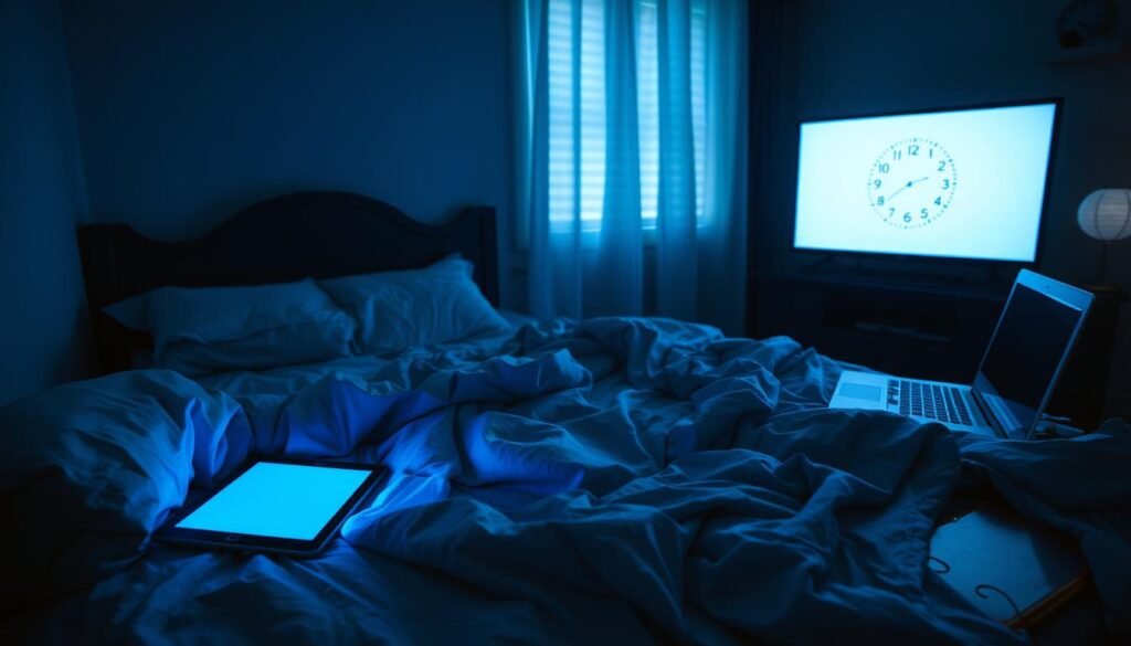 Hidden Sleep Destroyers in Your Bedroom: 5 Surprising Culprits Electronic devices emitting blue light in a dark bedroom, highlighting hidden sleep destroyers in your bedroom