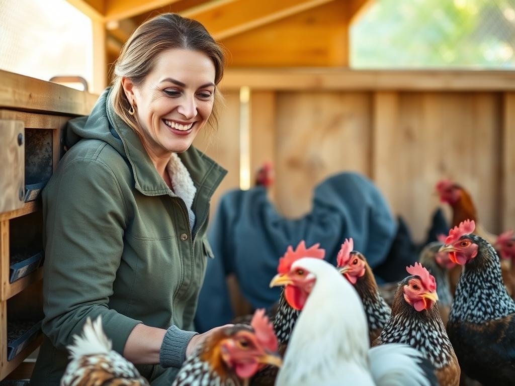 Emma Harrison working with chickens in a well-designed backyard coop Emma Harrison working with chickens in a well-designed backyard coop