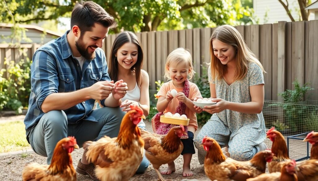 Family enjoying their backyard chicken coop set up using the First-Time Chicken Keeper's Checklist Family enjoying their backyard chicken coop set up using the First-Time Chicken Keeper's Checklist