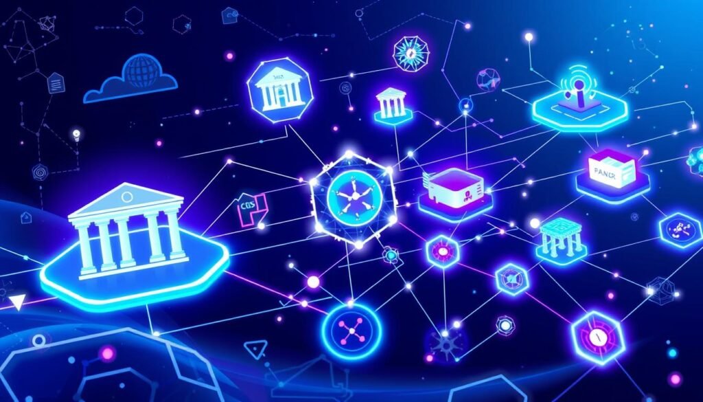 Futuristic visualization of quantum finance ecosystem with interconnected financial services Futuristic visualization of quantum finance ecosystem with interconnected financial services