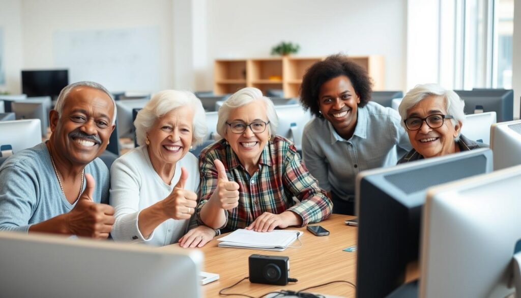 Group of senior graduates from the computer literacy for seniors course celebrating their achievement Group of senior graduates from the computer literacy for seniors course celebrating their achievement