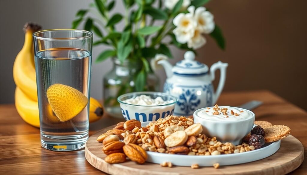 Healthy breakfast with hydrating foods and a glass of water Healthy breakfast with hydrating foods and a glass of water