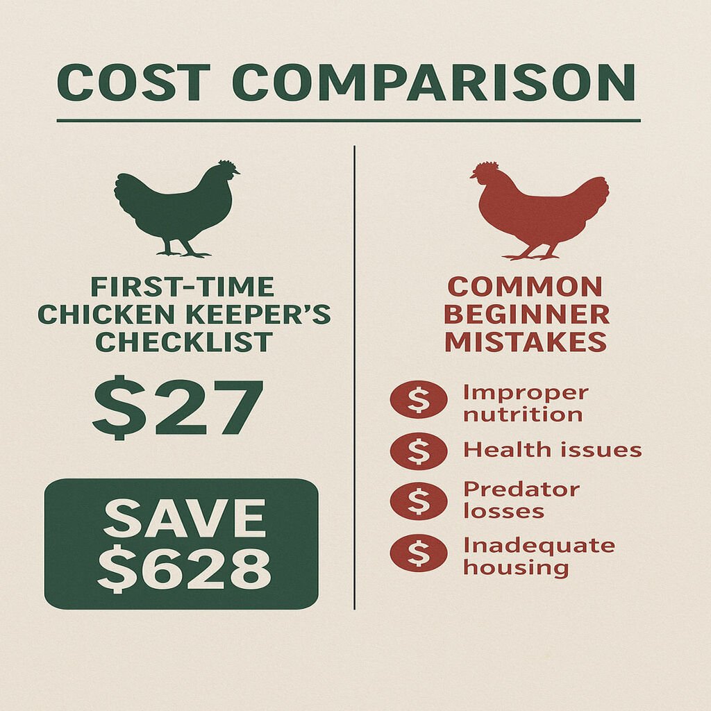 Infographic showing cost comparison between the First-Time Chicken Keeper's Checklist ($27) and the potential costs of common beginner mistakes (showing higher dollar amounts). Visual chart with clear price comparisons, professional design with chicken silhouettes as decorative elements, using a green and red color scheme to highlight savings. Infographic showing cost comparison between the First-Time Chicken Keeper's Checklist ($27) and the potential costs of common beginner mistakes (showing higher dollar amounts). Visual chart with clear price comparisons, professional design with chicken silhouettes as decorative elements, using a green and red color scheme to highlight savings.